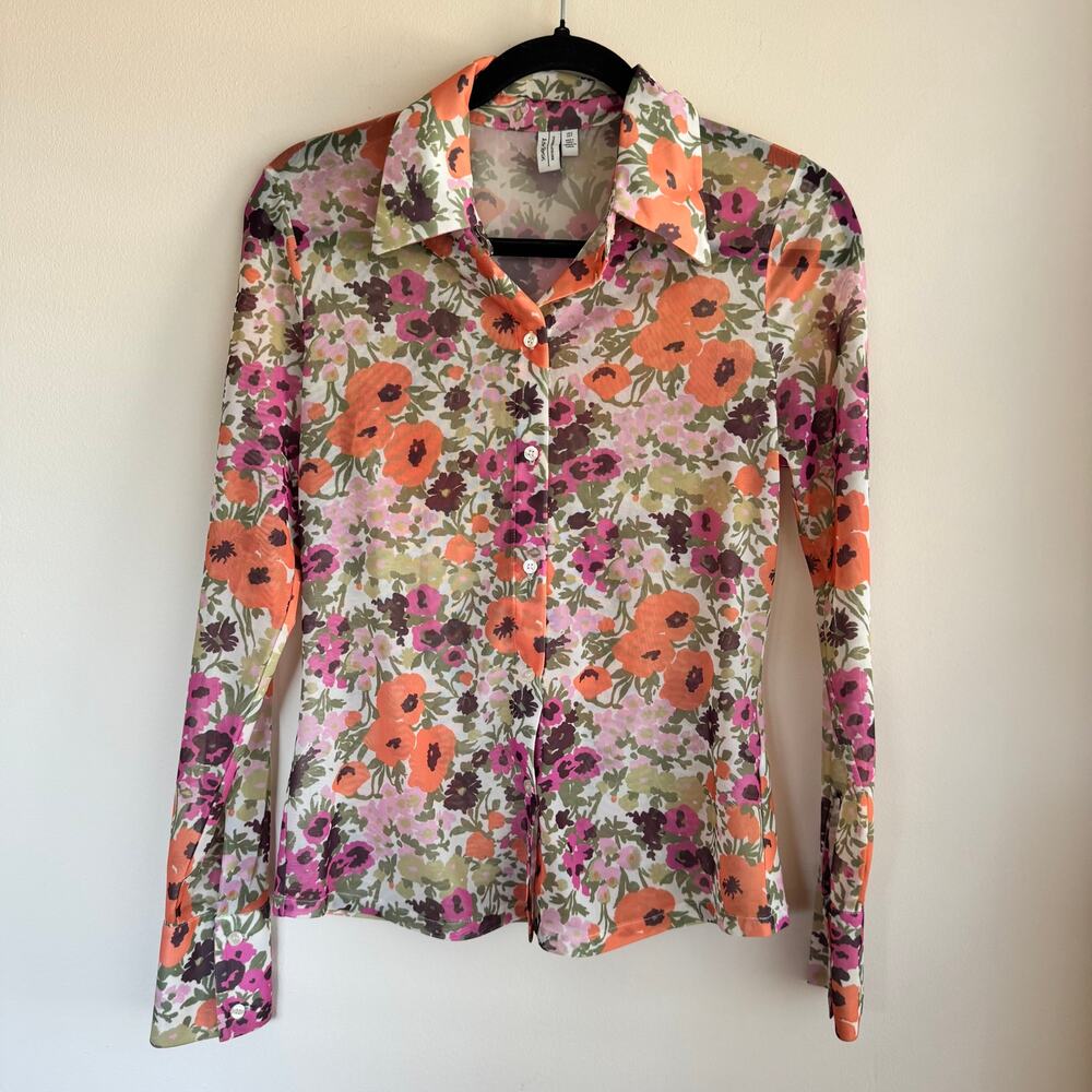 & Other Stories Fitted Mesh Print Shirt Orange Purple Floral Long Sleeve Sz S